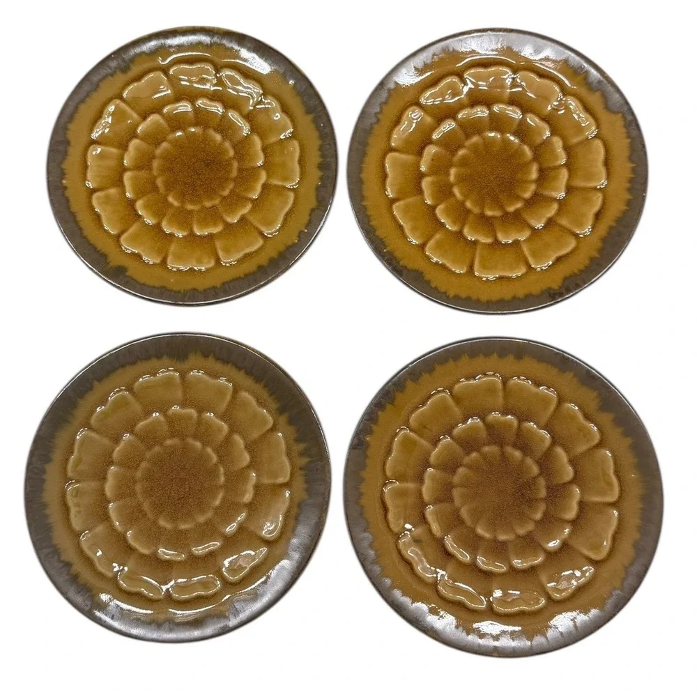 Pier‎ 1 Akita Earthenware Plates Set of 4 Amber Brown Embossed Floral Dahlia 8in